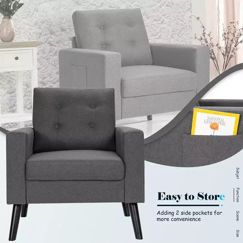 Costway Fauteuil d'appoint capitonné moderne en tissu, canapé simple avec pieds en bois d'hévéa Bleu/Beige/Gris