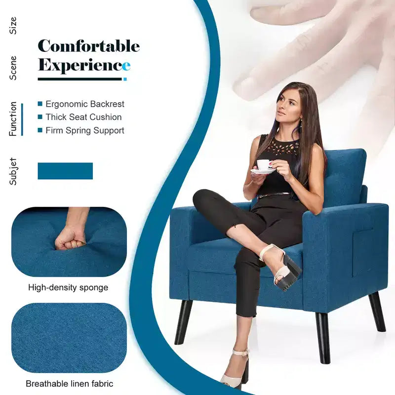 Costway Fauteuil d'appoint capitonné moderne en tissu, canapé simple avec pieds en bois d'hévéa Bleu/Beige/Gris