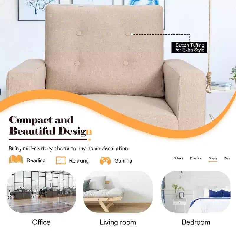 Costway Fauteuil d'appoint capitonné moderne en tissu, canapé simple avec pieds en bois d'hévéa Bleu/Beige/Gris