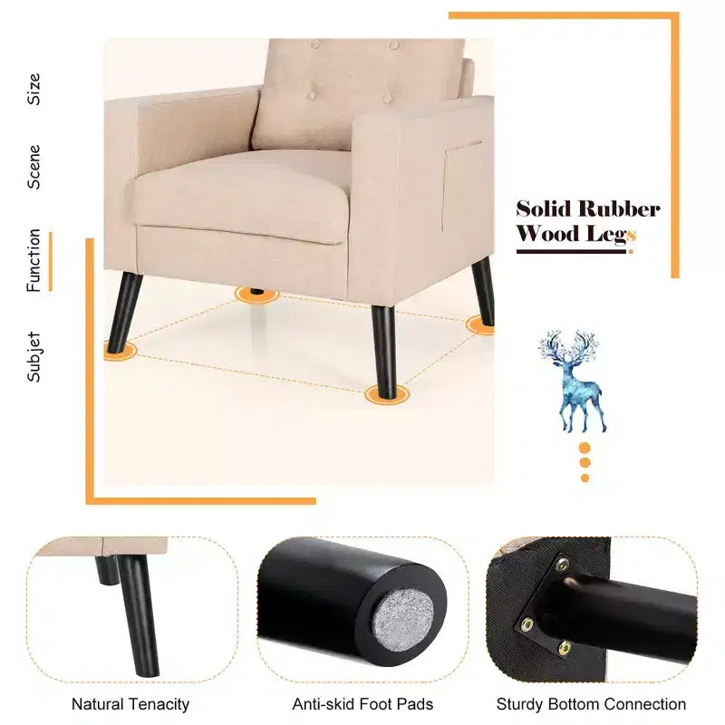 Costway Fauteuil d'appoint capitonné moderne en tissu, canapé simple avec pieds en bois d'hévéa Bleu/Beige/Gris