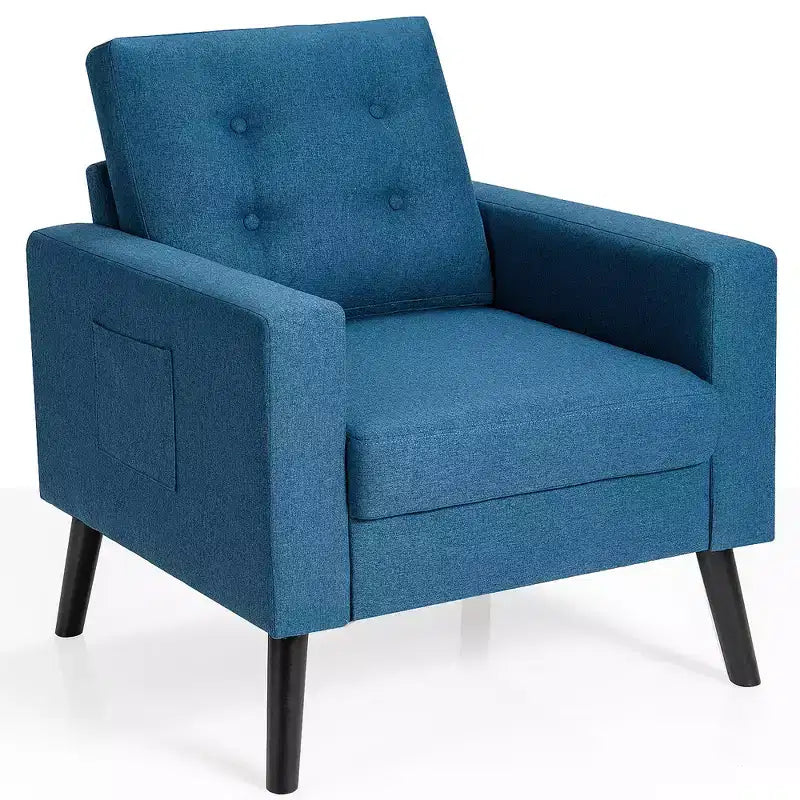 Costway Fauteuil d'appoint capitonné moderne en tissu, canapé simple avec pieds en bois d'hévéa Bleu/Beige/Gris