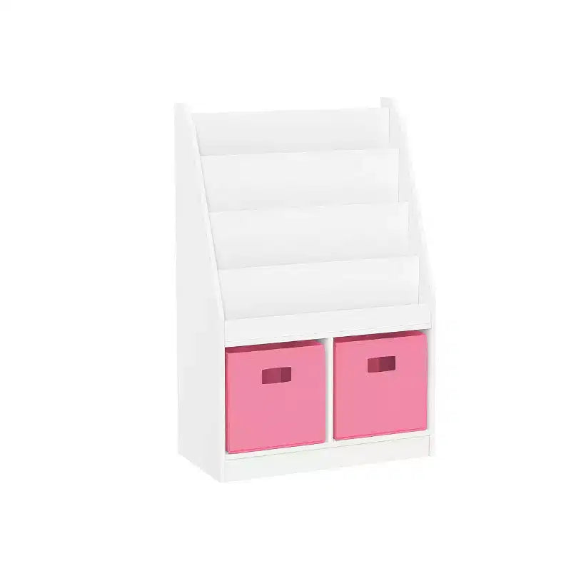 Étagère à livres et meuble de rangement pour jouets RiverRidge Kids avec 4 casiers à livres et 2 compartiments, blanc avec 2 bacs en tissu