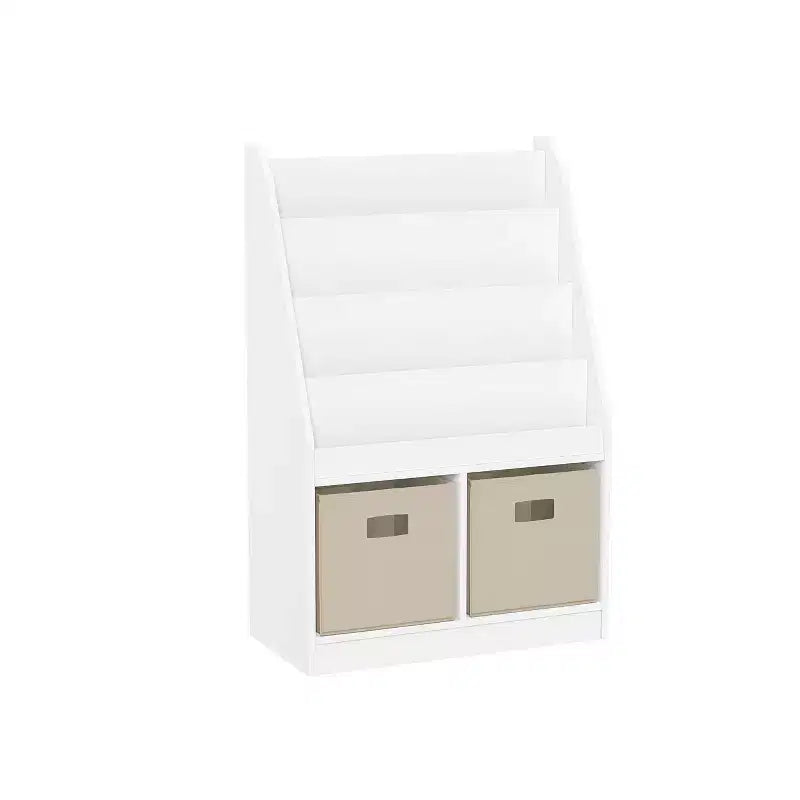 Étagère à livres et meuble de rangement pour jouets RiverRidge Kids avec 4 casiers à livres et 2 compartiments, blanc avec 2 bacs en tissu
