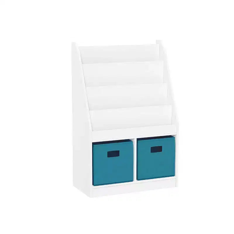 Étagère à livres et meuble de rangement pour jouets RiverRidge Kids avec 4 casiers à livres et 2 compartiments, blanc avec 2 bacs en tissu
