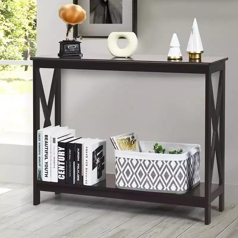 Table console à 2 niveaux Costway, table d'appoint de canapé avec étagère, design en X, blanc/noir/espresso/grain de bois