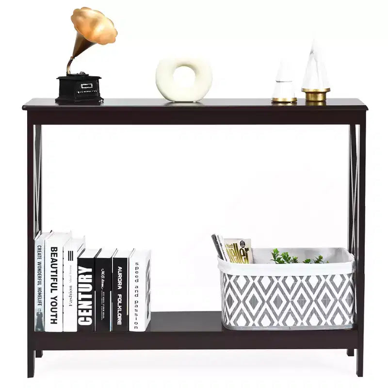 Table console à 2 niveaux Costway, table d'appoint de canapé avec étagère, design en X, blanc/noir/espresso/grain de bois