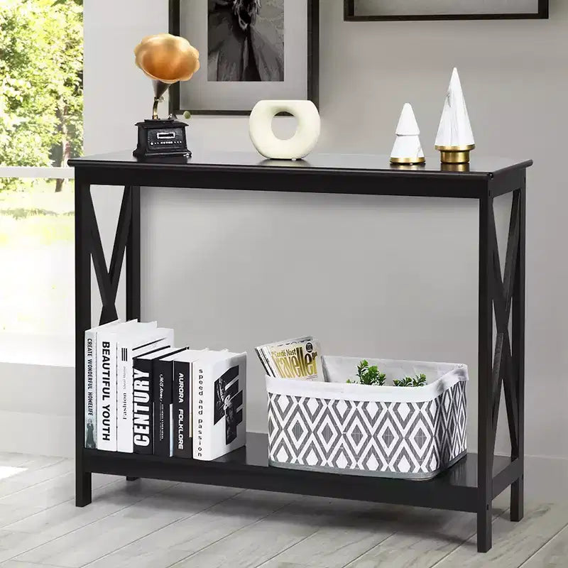 Table console à 2 niveaux Costway, table d'appoint de canapé avec étagère, design en X, blanc/noir/espresso/grain de bois