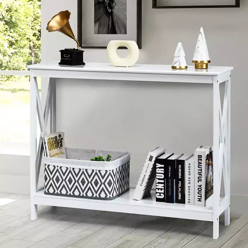 Table console à 2 niveaux Costway, table d'appoint de canapé avec étagère, design en X, blanc/noir/espresso/grain de bois