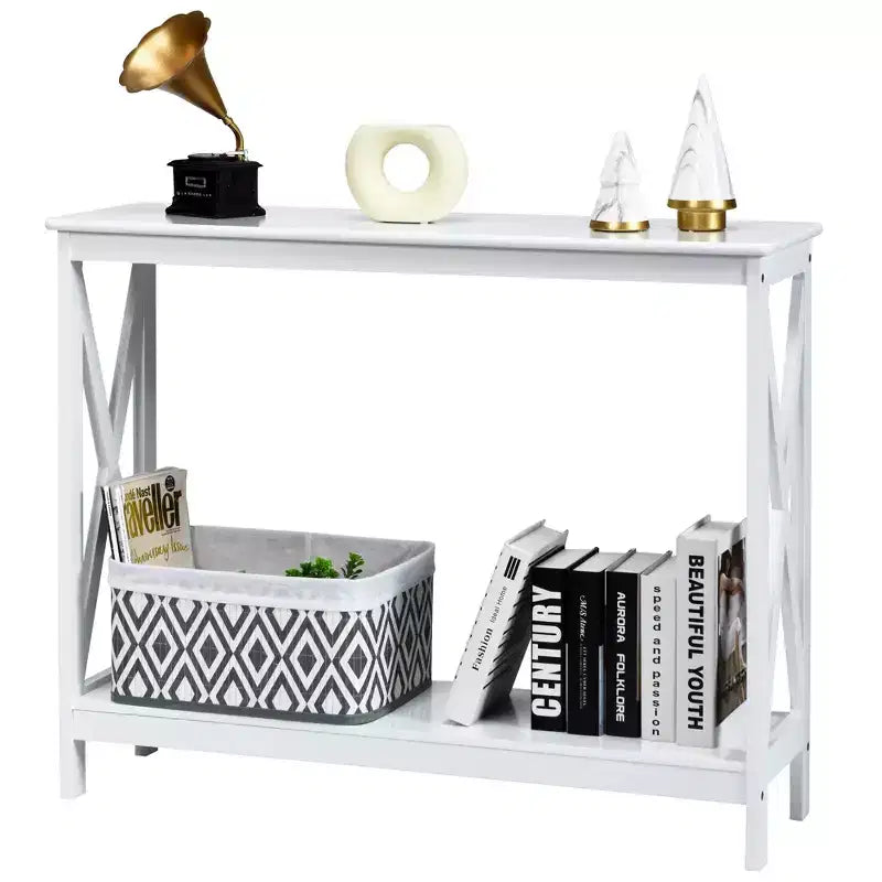 Table console à 2 niveaux Costway, table d'appoint de canapé avec étagère, design en X, blanc/noir/espresso/grain de bois