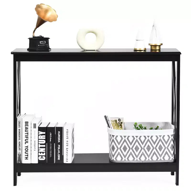 Table console à 2 niveaux Costway, table d'appoint de canapé avec étagère, design en X, blanc/noir/espresso/grain de bois