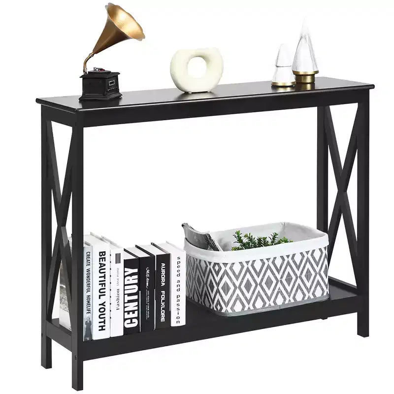 Table console à 2 niveaux Costway, table d'appoint de canapé avec étagère, design en X, blanc/noir/espresso/grain de bois