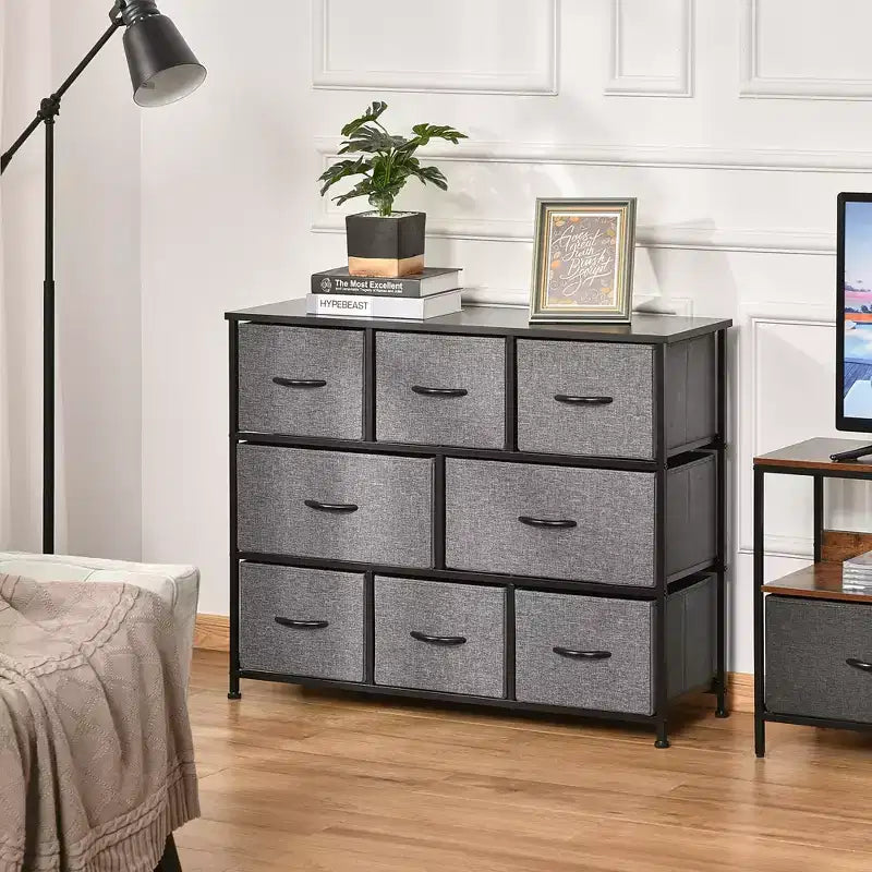 HOMCOM Commode à 8 tiroirs, Meuble de rangement à 3 niveaux avec tiroirs en tissu et cadre en acier pour chambre à coucher, couloir