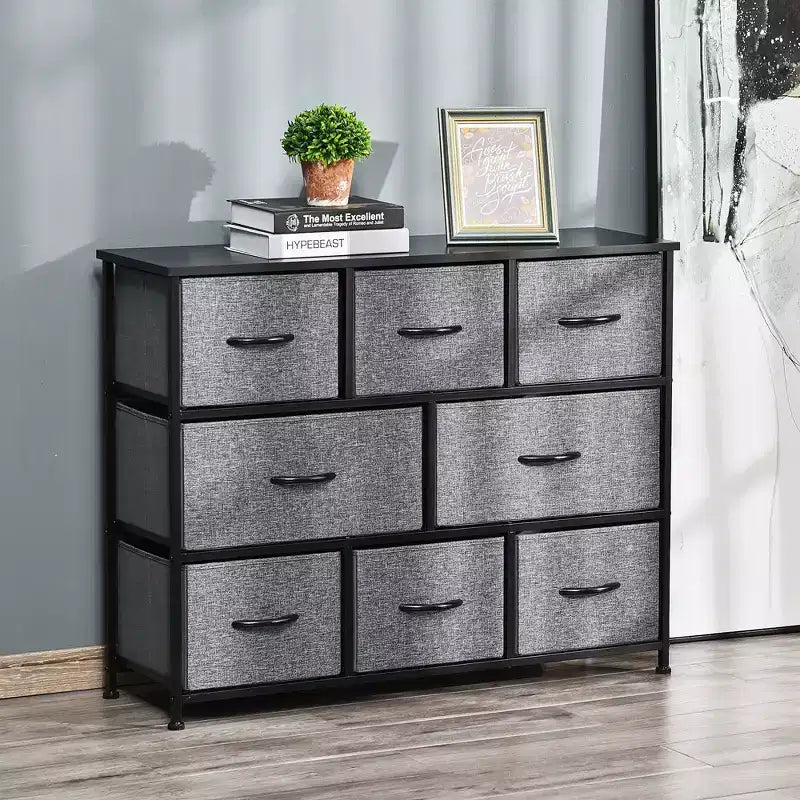 HOMCOM Commode à 8 tiroirs, Meuble de rangement à 3 niveaux avec tiroirs en tissu et cadre en acier pour chambre à coucher, couloir