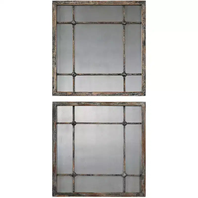Uttermost Square Vanity Accent Wall Mirrors Set of 2 Rustic Distressed Slate Blue Aged Ivory Frame 19 Wide for Bathroom Bedroom
