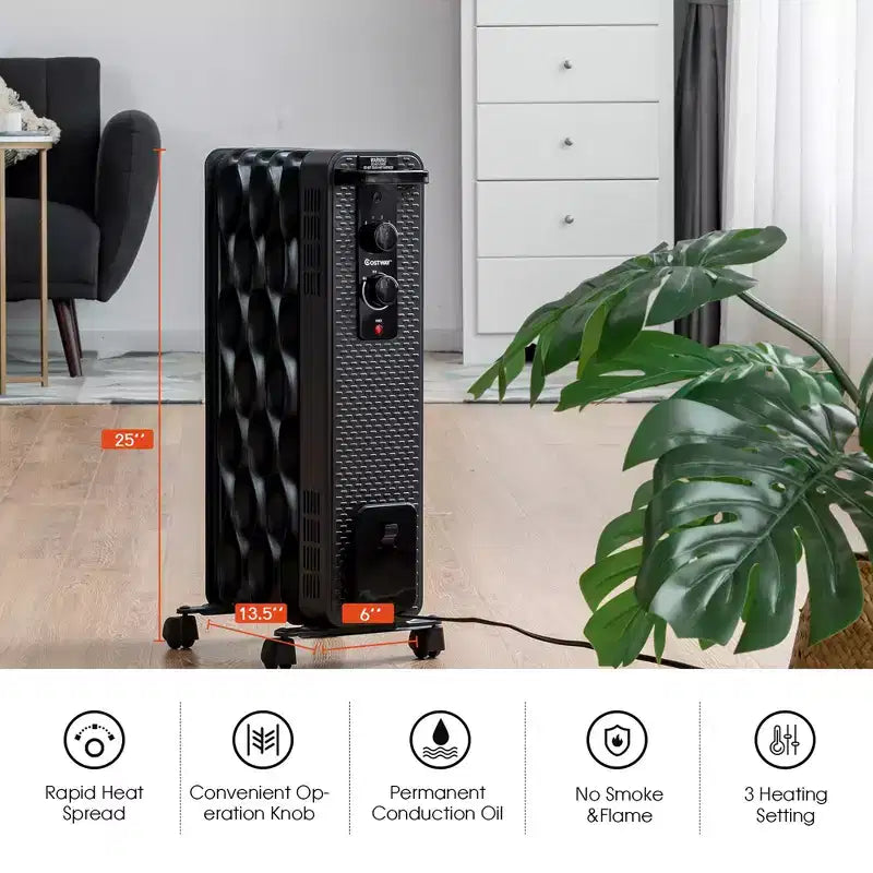 Radiateur à bain d'huile Costway 1500W, chauffage d'appoint portable avec thermostat réglable, blanc/noir