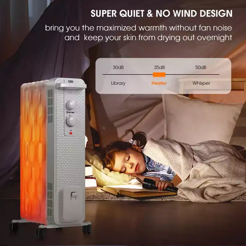 Radiateur à bain d'huile Costway 1500W, chauffage d'appoint portable avec thermostat réglable, blanc/noir