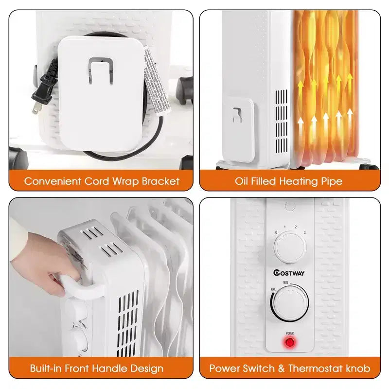 Radiateur à bain d'huile Costway 1500W, chauffage d'appoint portable avec thermostat réglable, blanc/noir