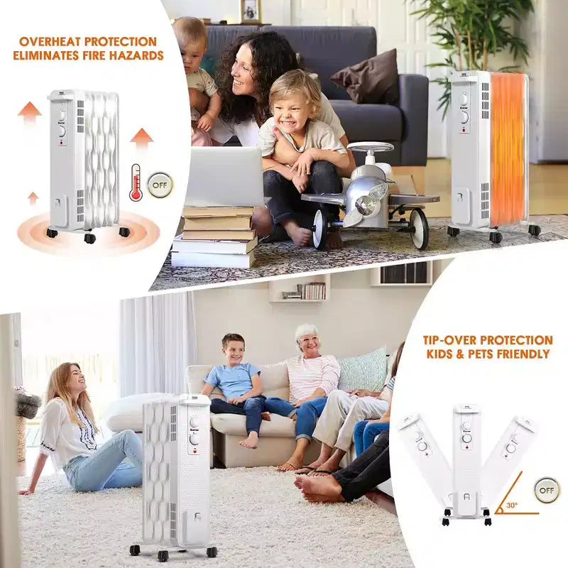Radiateur à bain d'huile Costway 1500W, chauffage d'appoint portable avec thermostat réglable, blanc/noir