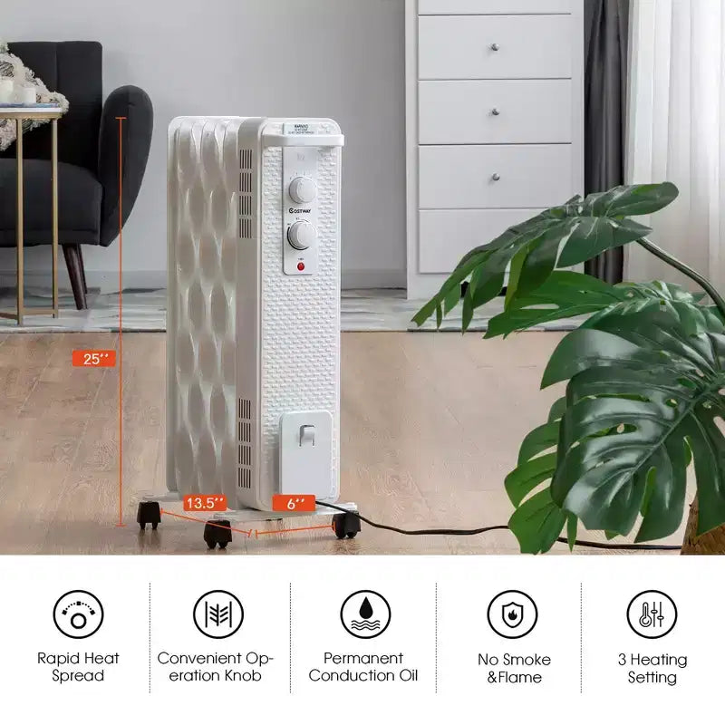 Radiateur à bain d'huile Costway 1500W, chauffage d'appoint portable avec thermostat réglable, blanc/noir