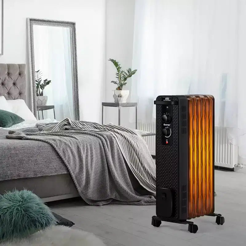 Radiateur à bain d'huile Costway 1500W, chauffage d'appoint portable avec thermostat réglable, blanc/noir