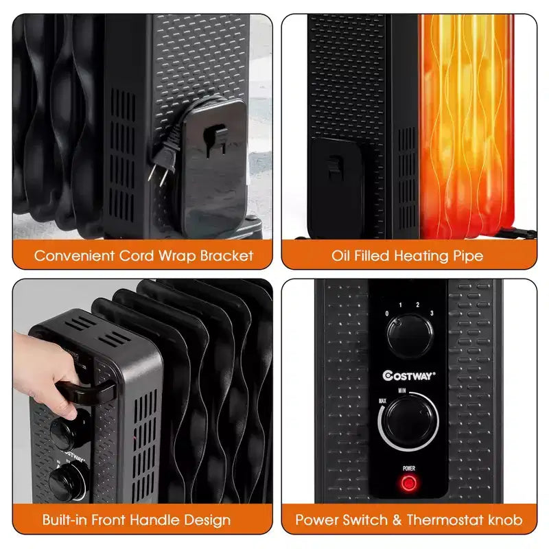 Radiateur à bain d'huile Costway 1500W, chauffage d'appoint portable avec thermostat réglable, blanc/noir