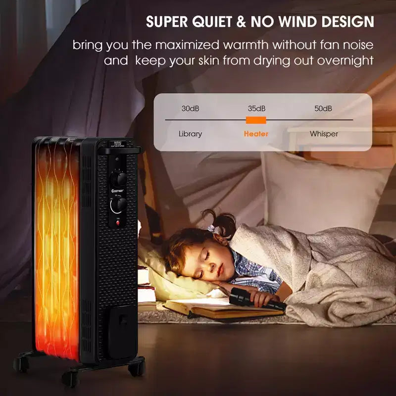 Radiateur à bain d'huile Costway 1500W, chauffage d'appoint portable avec thermostat réglable, blanc/noir