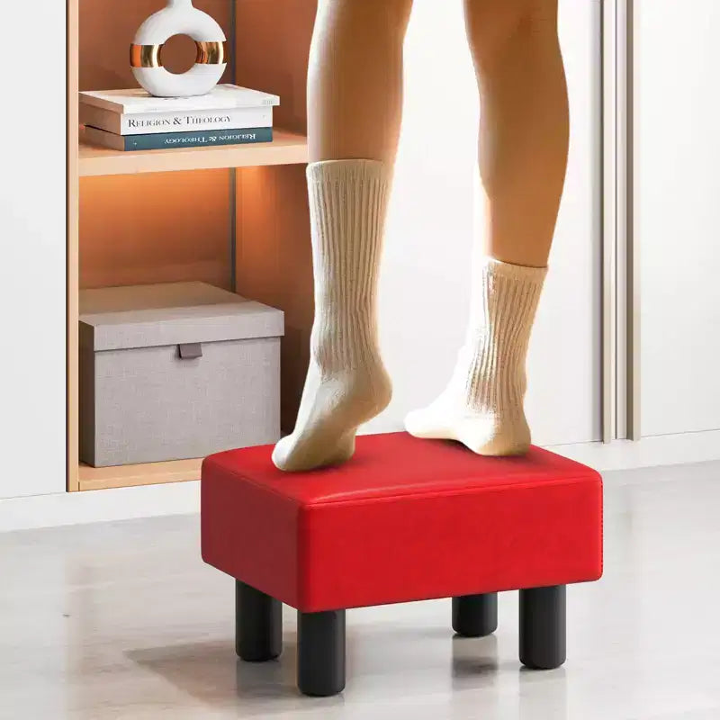 Costway Ottoman en cuir synthétique, repose-pieds rectangulaire, petit tabouret avec siège rembourré blanc/noir/rouge