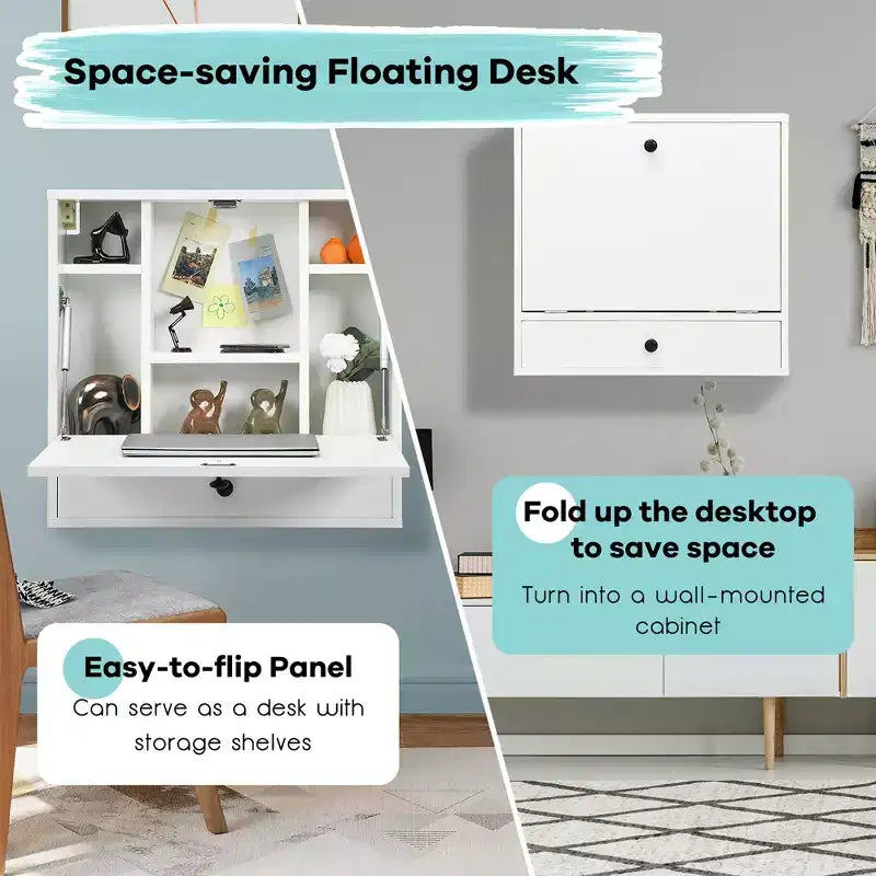 Bureau flottant mural pliable Costway, gain de place, poste de travail pour ordinateur portable