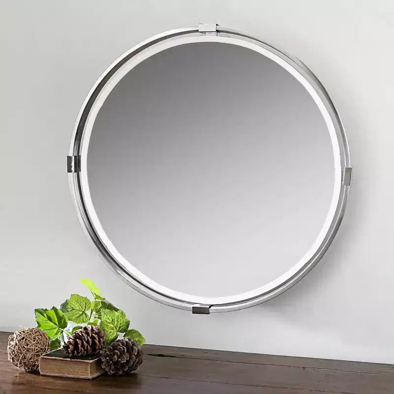 Miroir mural d'appoint rond Uttermost pour coiffeuse, biseauté, moderne, avec cadre en métal nickel brossé, 75 cm de large, pour salle de bain, chambre à coucher, salon