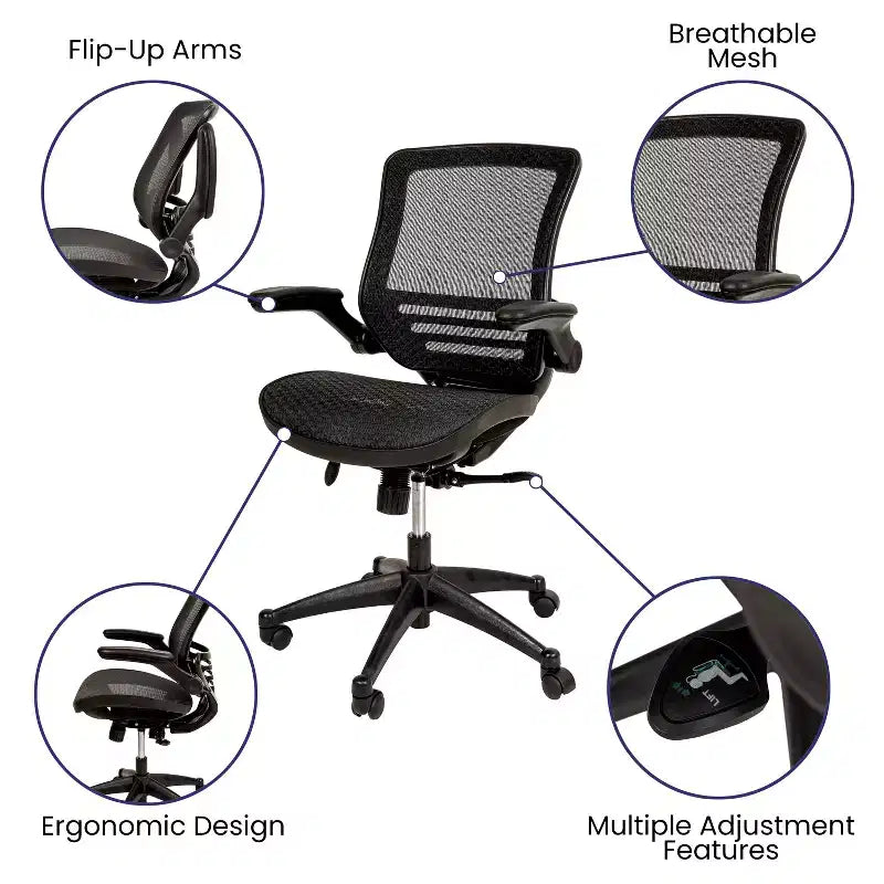 Chaise de bureau pivotante de direction Flash Furniture à dossier mi-hauteur en maille transparente avec accoudoirs relevables