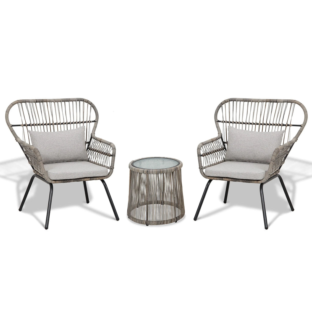 Ensemble bistrot 3 pièces en osier pour conversation, salon de jardin en rotin résistant aux intempéries avec coussins