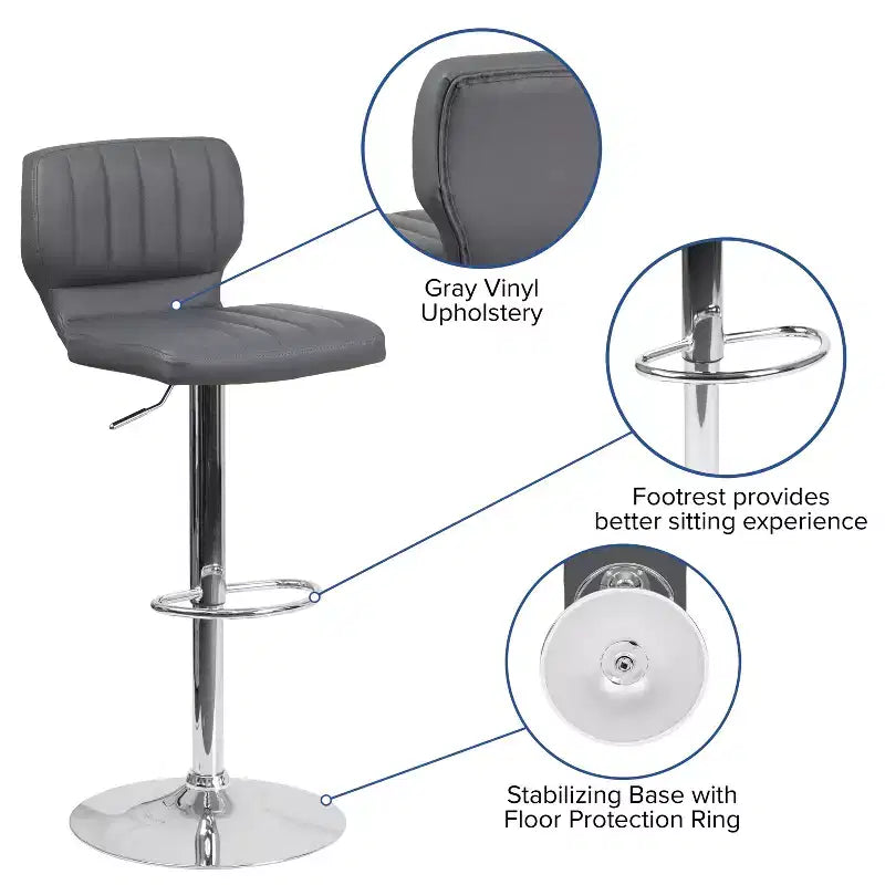 Merrick Lane Lot de deux tabourets de bar pivotants avec dossier à surpiqûres verticales et base chromée réglable avec repose-pieds