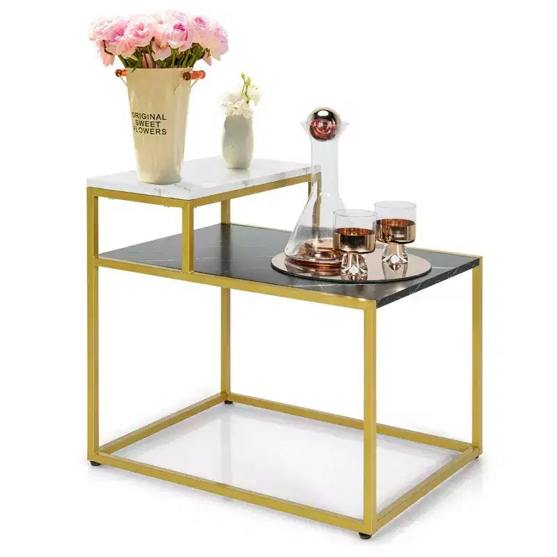 Costway Table d'appoint à 2 niveaux, cadre métallique, table de chevet avec étagère de rangement, salon