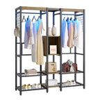 Bestier Metal Freestanding Wardrobe Storage Unit with Wooden Top Shelf and Built In Color Changing Lights with 7 Colors and 20 Dynamic Modes, Oak
