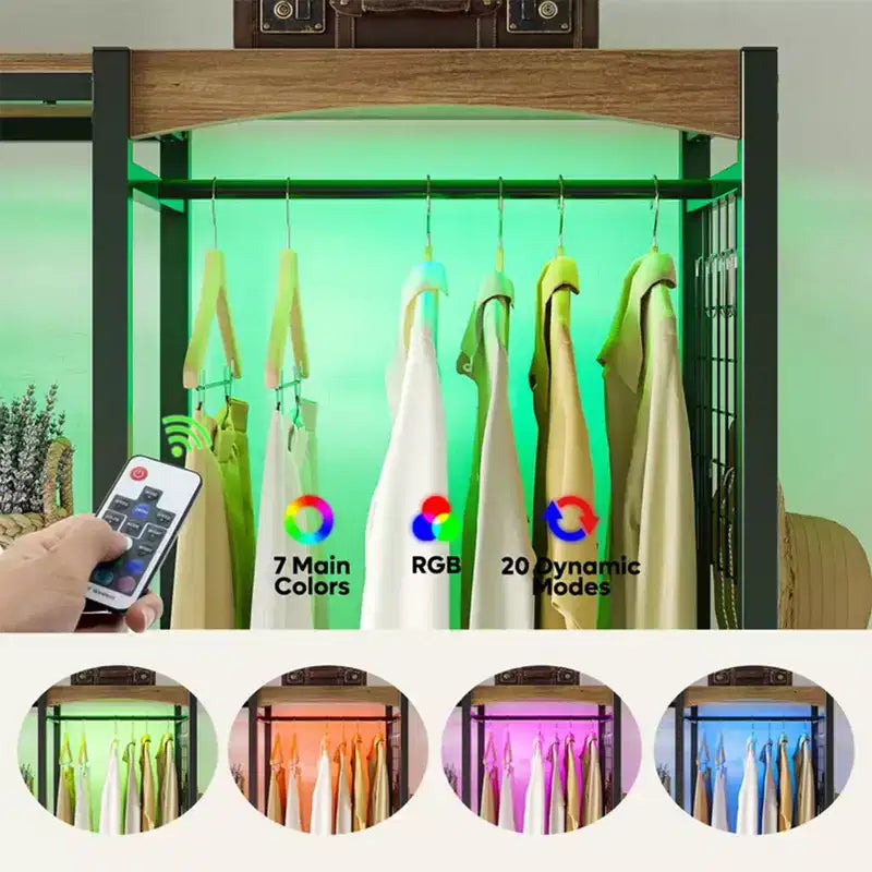 Meuble de rangement Bestier en métal autoportant pour armoire avec étagère supérieure en bois et lumières à changement de couleur intégrées avec 7 couleurs et 20 modes dynamiques, chêne