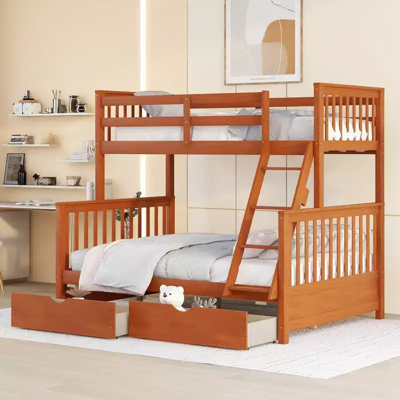 Lit superposé simple sur double avec échelle intégrée et tiroirs, cadre en bois de pin et MDF, convertible en deux lits - ModernLuxe