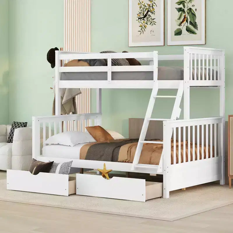 Lit superposé simple sur double avec échelle intégrée et tiroirs, cadre en bois de pin et MDF, convertible en deux lits - ModernLuxe