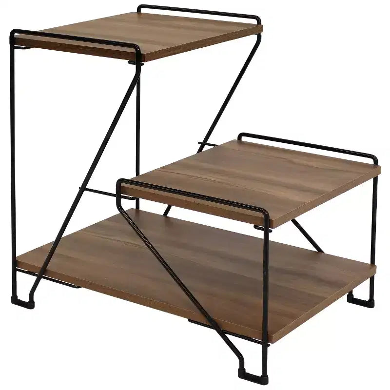 Sunnydaze 3-Tiered Steel Wire Indoor Accent Table with Faux Woodgrain Tabletops - 21 H - Brown