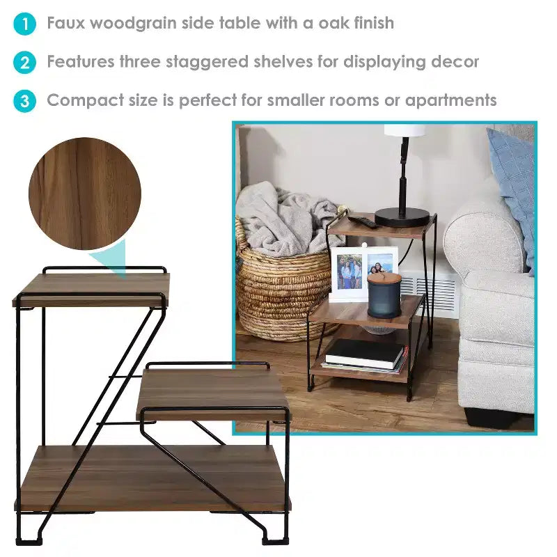 Table d'appoint d'intérieur à 3 niveaux en fil d'acier Sunnydaze avec plateaux imitation bois – 53 cm H – Marron