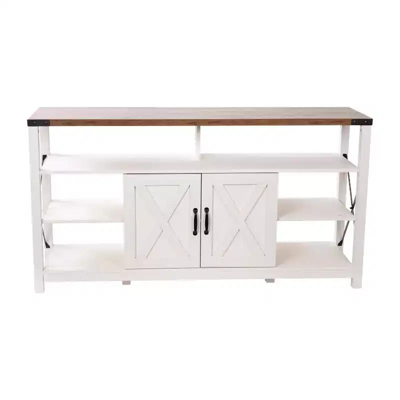 Meuble console média Emma et Oliver de style rustique moderne avec un grand espace de rangement ouvert et fermé