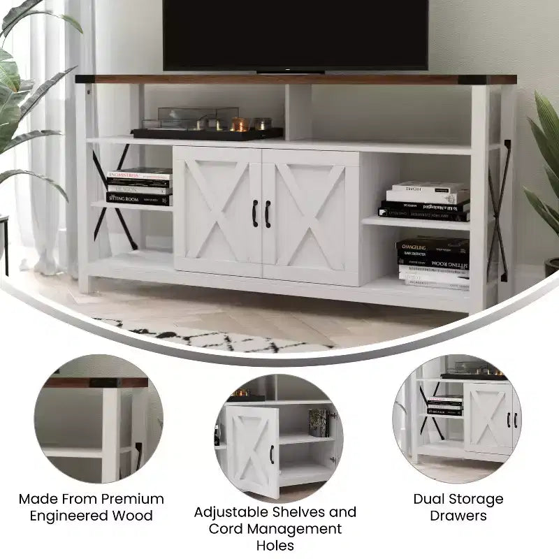 Meuble console média Emma et Oliver de style rustique moderne avec un grand espace de rangement ouvert et fermé