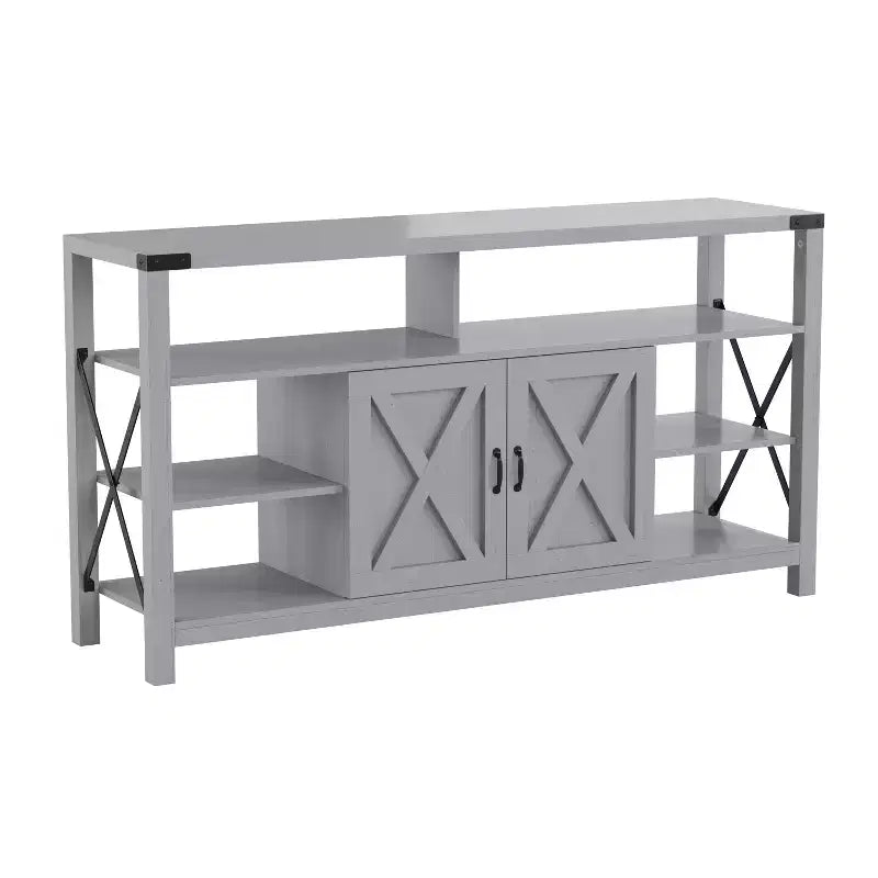 Meuble console média Emma et Oliver de style rustique moderne avec un grand espace de rangement ouvert et fermé