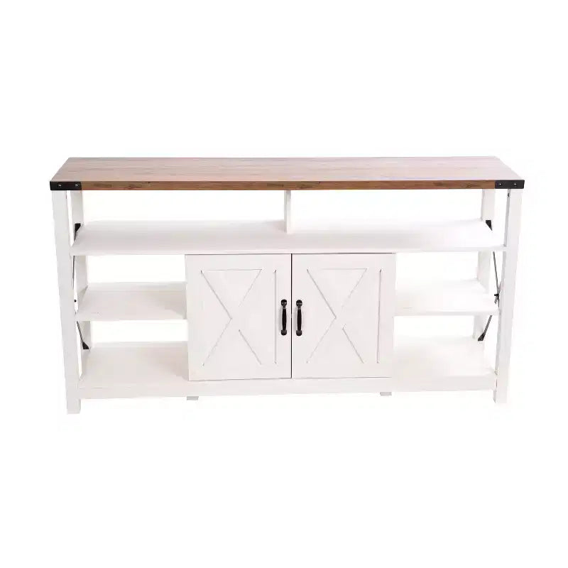 Meuble console média Emma et Oliver de style rustique moderne avec un grand espace de rangement ouvert et fermé