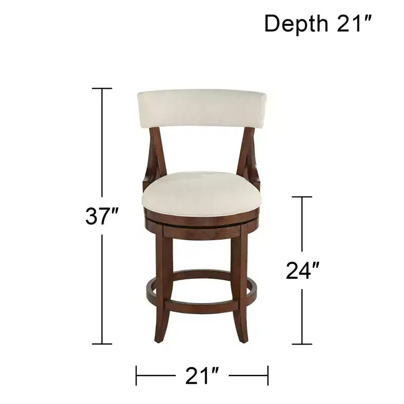 Tabouret de bar 55 Downing Street en noyer, brun, 61 cm de haut, style ferme rustique, coussin en lin beige avec dossier et repose-pieds pour comptoir de cuisine, îlot de cuisine, maison.