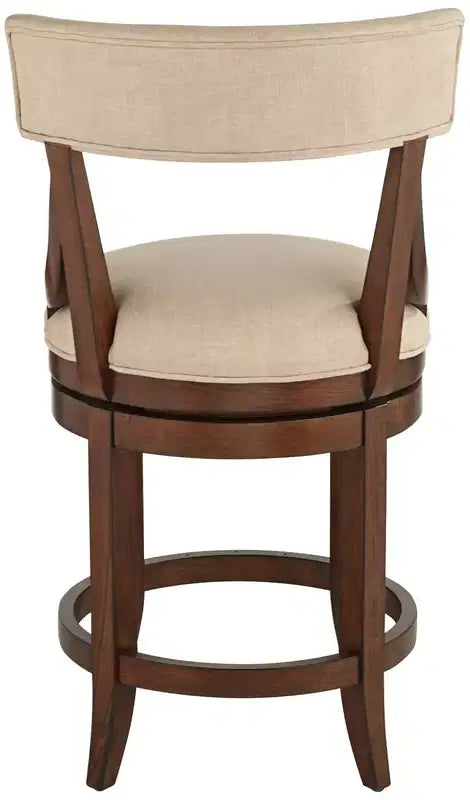 Tabouret de bar 55 Downing Street en noyer, brun, 61 cm de haut, style ferme rustique, coussin en lin beige avec dossier et repose-pieds pour comptoir de cuisine, îlot de cuisine, maison.
