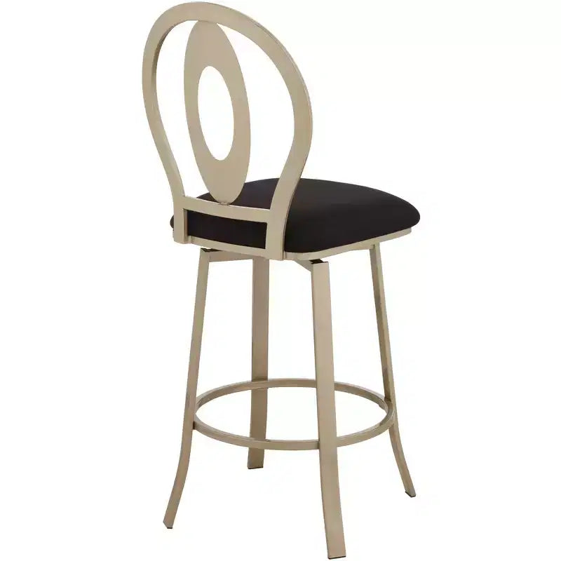 Tabouret de bar pivotant en métal 55 Downing Street, or champagne, hauteur 29 pouces, avec coussin noir de style Mid-Century Modern, dossier et repose-pieds pour comptoir de cuisine ou îlot