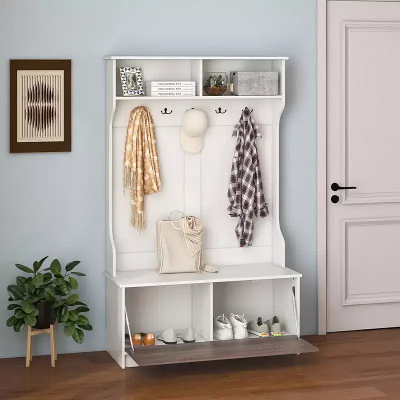 Portemanteau d'entrée Costway 63 pouces avec banc de rangement et portemanteau multifonctionnel Noir/Blanc