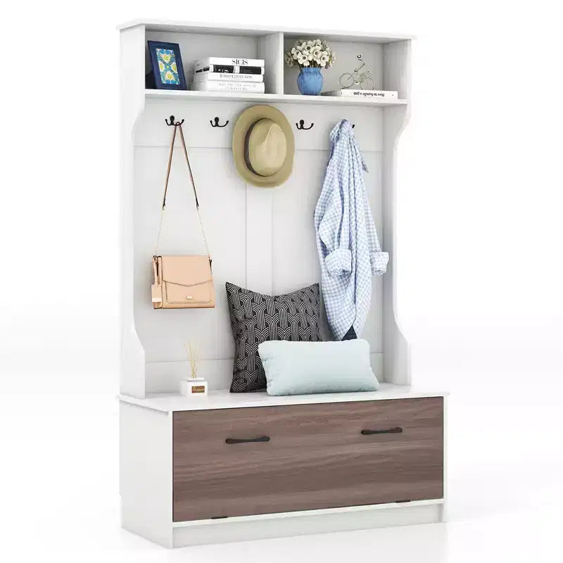 Portemanteau d'entrée Costway 63 pouces avec banc de rangement et portemanteau multifonctionnel Noir/Blanc