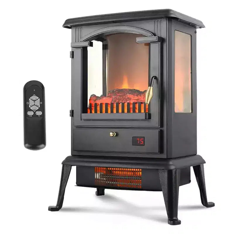 VOLTORB 3-Sided Flame View Infrared Quartz Heater Stove, Free Standing Electric Fireplace for Indoor Use w/Remote Control & Programmable Timer, Black