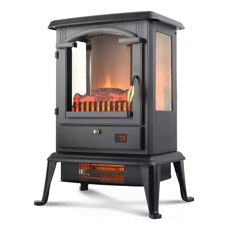 Poêle chauffant à quartz infrarouge VOLTORB à 3 côtés avec vue sur les flammes, foyer électrique autoportant pour usage intérieur avec télécommande et minuterie programmable, noir